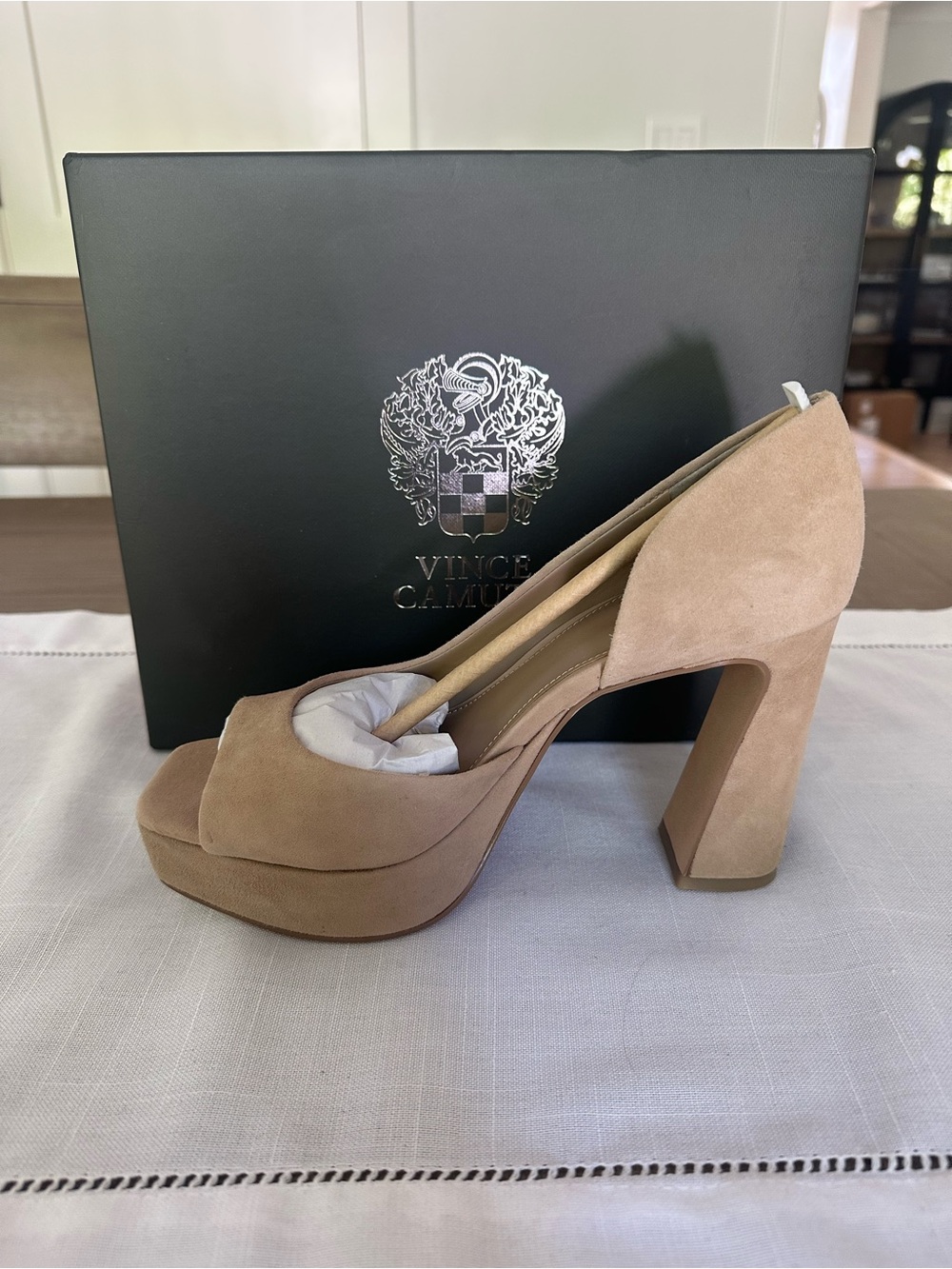 Vince Camuto Tan Suede Bryanna Platform Peep-Toe Heel